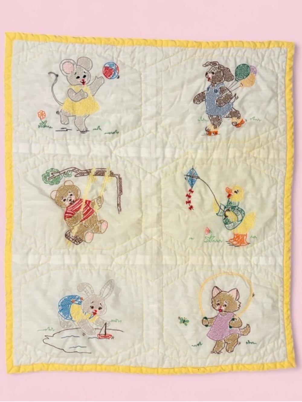 Vintage Hand Embroidered Yellow Patchwork Animal Nursery Baby Quilt Crib 32x37